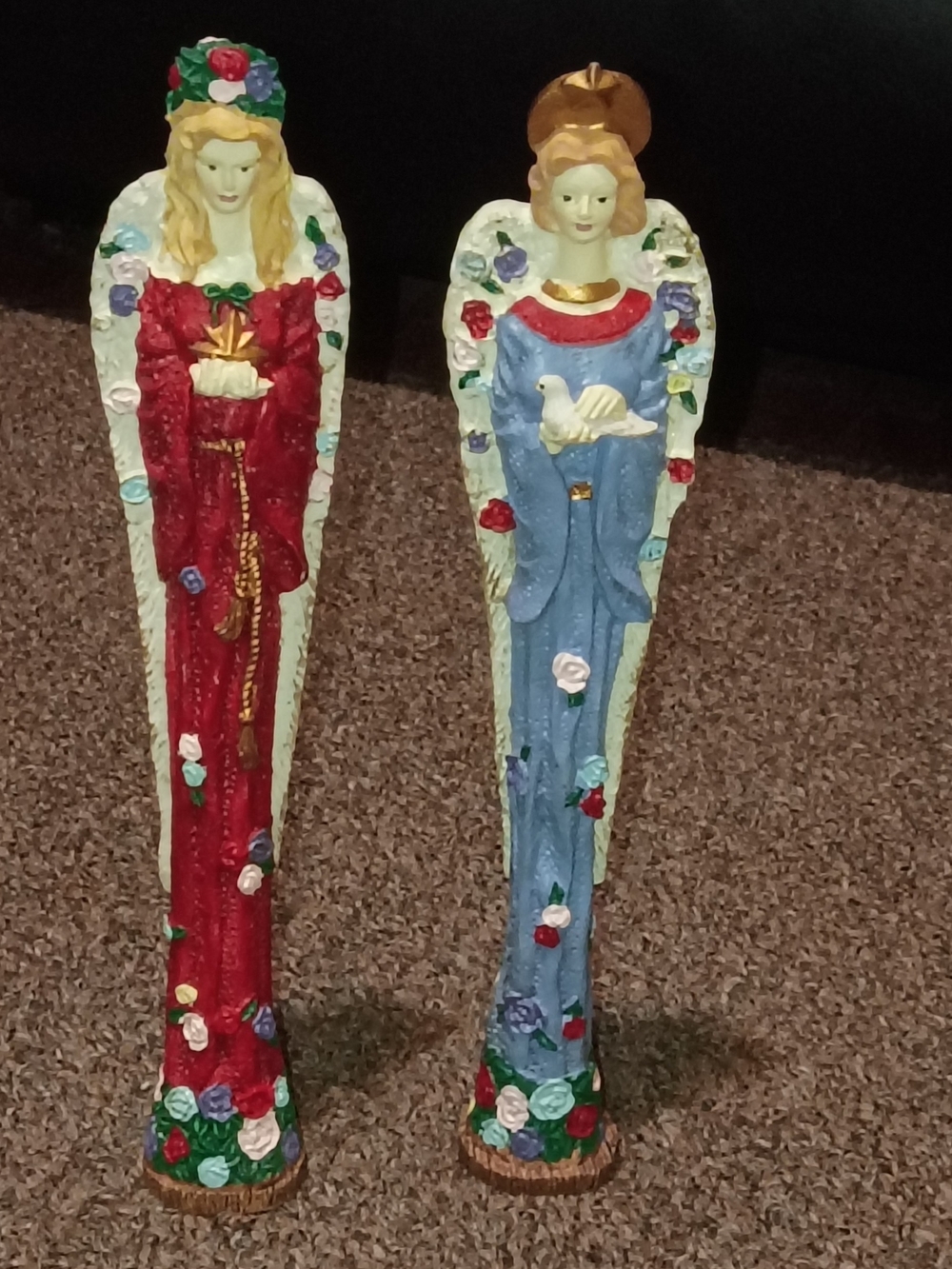 Hand-Painted Angel Figurines in Red and Blue 10 inches Tall